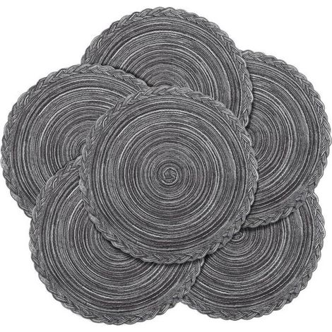 Ensemble de six sets de table ronds tissés résistants à la chaleur, idéal pour les anniversaires, Noël, etc. - 38 cm - Gris (1/5)