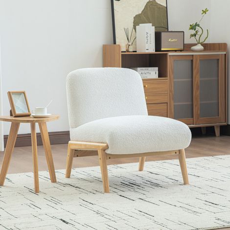 Fauteuil lounge scandinave en tissu chenille doux et structure en bois robuste, idéal pour le salon et la chambre, couleur ivoire. (1/5)