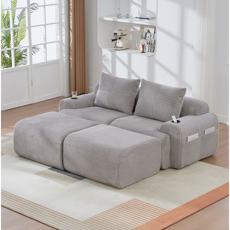 Canapé modulaire 2 places avec 2 poufs, porte-gobelet et rangement, gris clair HAVRYA (1/5)