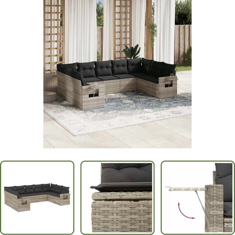 Gartensessel -  9-tlg. Garten-Sofagarnitur mit Kissen Hellgrau Poly Rattan