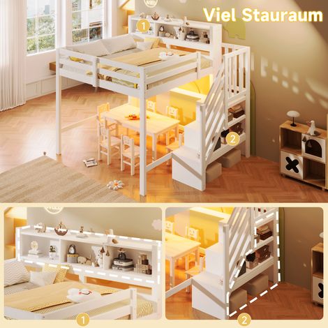 Lit surélevé 140x200 cm avec éclairage LED, grand rangement sous le lit, échelle de rangement, casier ouvert, sans matelas, blanc (1/5)