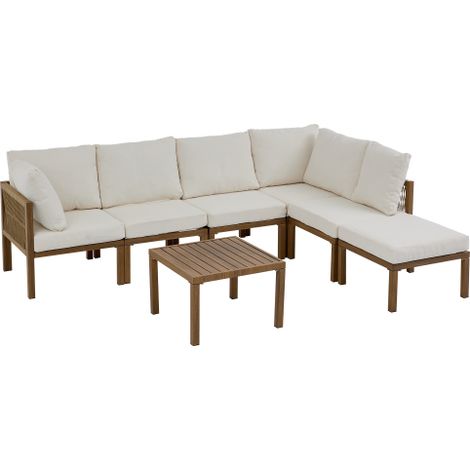 Garten Lounge Set mit Tisch, Modulares Gartenmöbel Set als Garten Essgruppe mit Ecksofa und Liegefunktion, Beige-Holzfarben