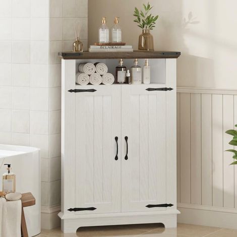 Meuble d’angle salle de bain compact – armoire avec porte, étagère réglable & kit anti-basculement – style ferme rustique, facile à monter – coloris blanc (1/5)