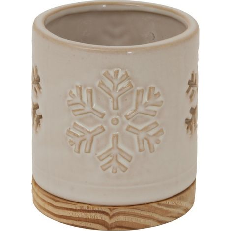 Alora Snowflake Candle Holder on Wood Base - Ceramic - L8 x W8 x H10 cm - White