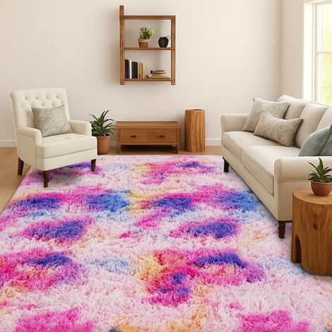 Tapis Shaggy Salon Chambre Poils Longs, Arc-en-Ciel Rose, 140x200 cm Tie-Dye, Doux et moelleux, Antidérapant, Lavable en machine, Pour chambre d’enfant, chevet, salle de jeux, dortoir, bureau (1/5)