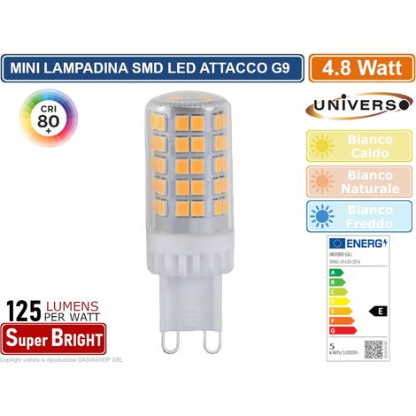 UNIVERSO SPARAC-G9-4.8W-CE5 LAMPADINA LED G9 SPOTLIGHT 4.8W TUBOLARE SMD CHIP 600 LUMEN 3000K 4000K 6500K - Colore Luce:Bianco Naturale (1/2)