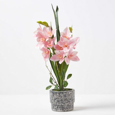 HOMESCAPES Künstliche pinke Orchidee im dunkelgrauen Zement-Topf, 58 cm