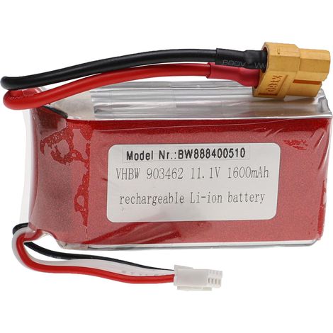 vhbw Batería compatible con XT60 clavija (m) para modelismo por ej. coche carreras, avión (1600mAh, 11,1V, Li-poli, 73 x 35 x 21mm)