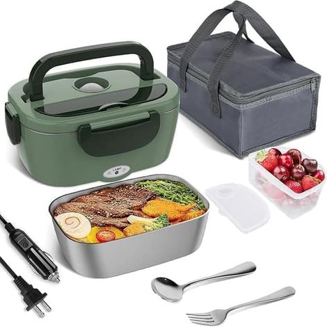 BelleRise - Boîte à lunch électrique en acier inoxydable 1,5 L, 12/24 V / 110/220 V, pour voiture, camion ou bureau, 80 W, verte (1/5)