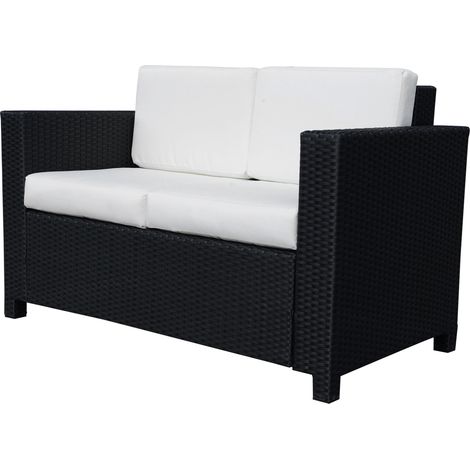 Rattan Sofa, 2 Seater Garden Furniture with Soft Padded Cushion Armrests, Wicker Garden Loveseat for Patio, Black (1/5)