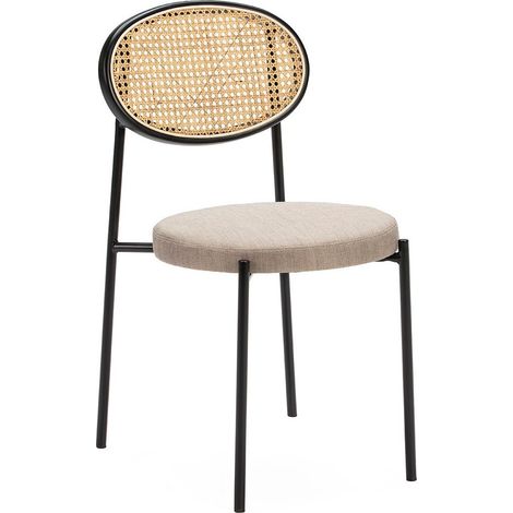Chaise tissu gris avec rotin naturel et métal noir Hery (1/4)