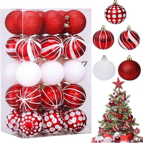 Pack De 30 Boules De Noël Rouge Et Blanches, Décoration d'arbre De Noël Classiques 6cm Rouge, Boules De Noël en Plastique, pour Décorations Sapin Noël,Une Ambiance Chaleureuse Joyeux Noël (5 Styles). (1/5)