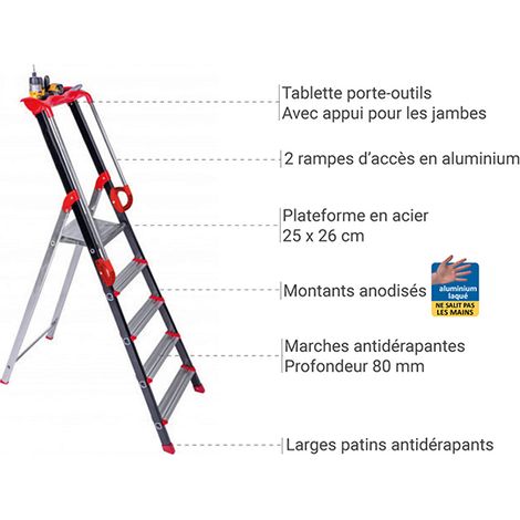 Centaure – Escabeau aluminium 5 marches serties – Hauteur de travail 2,99m – Pour usage professionnel – Garantie 5 ans – 239205