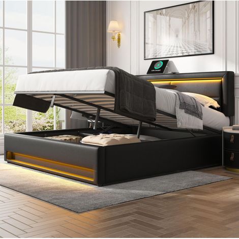 Bett Mit Bettkasten 140x200 cm Mit Stauraumgestell Und LED, Schwarz (1/5)