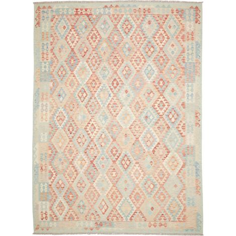 Tapis kilim 253 x 347 cm, géométrique, multicolore, bleu et rouge, en laine artisanale, tissé à plat (1/5)