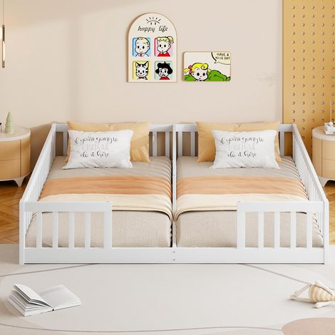 Lit à panneaux, 90 x 200 cm, lit enfant avec barrière, sans sommier à lattes (sans matelas), pour deux enfants, en pin, style minimaliste, blanc