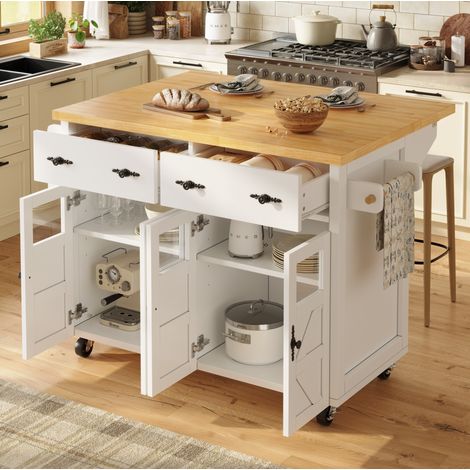 Carrello da cucina con 5 ruote, 4 ante, 2 cassetti, vassoio tavolo pieghevole, portasciugamani, portaspezie, bianco (1/5)