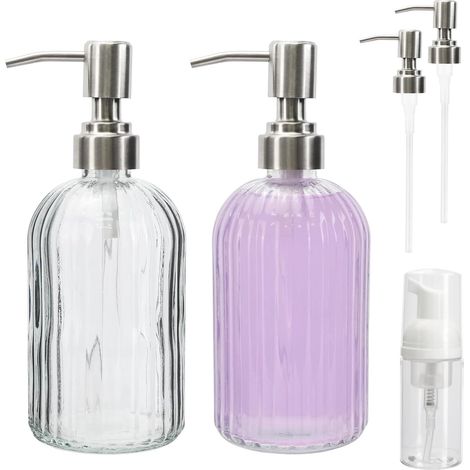Lot de 2 distributeurs verre 14 onces (≈414 ml) avec 2 pompes inox et bouteille mousseuse, rechargeables pour cuisine (1/5)