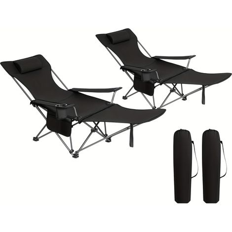 Chaise Longue Pliable – Dossier Réglable/Détachable, Repose-Pieds. Porte-Gobelet, Sac Inclus. Modèle (Noir 2 pcs). (1/5)