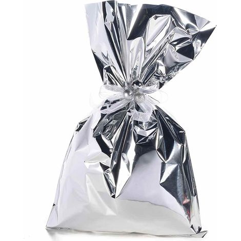 Busta a sacchetto regalo metallizzata argento lucido. Ideale per confezioni regalo, set da 50 pezzi, cm 30 x 50 H