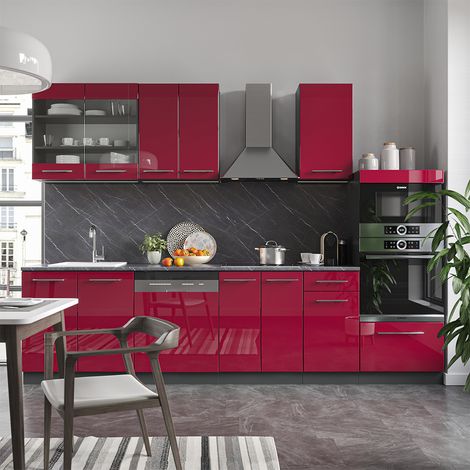 Küchenzeile Fame-Line, Bordeaux Hochglanz/Anthrazit, 300 cm mit Hochschrank, AP Anthrazit, Vicco