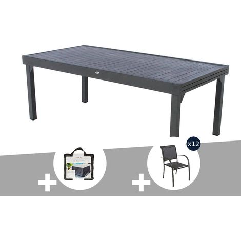 Table extensible rectangulaire alu Piazza 10/12 places Graphite + Housse + 12 chaises Piazza - Hespéride