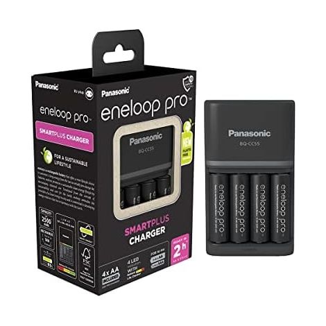 eneloop Pro SmartPlus Cargador, para 1-4 Pilas Recargables AA/AAA, 2h de Tiempo de Carga, 10 Funciones de Seguridad, 4 Pilas eneloop Pro AA (2500 mAh) Incluidas