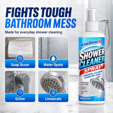KineShineX Shower Cleaning Spray powerfully removes soap scum, water stains, and dirt, suitable for shower room tiles. (1/4)