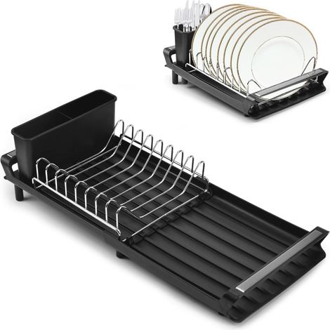 Égouttoir à vaisselle en acier inoxydable avec bac coulissant, à un niveau avec porte-couverts amovible (Noir)-AquaForge (1/5)