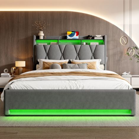 Gepolsterter Bettrahmen mit LED-Beleuchtung, USB Type-C-Ladefunktion und Unterbettaufbewahrung, Stauraum-Kopfteil, hydraulischer Stauraum-Bettrahmen,Ohne Matratze