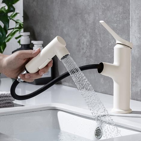Schwarze Badarmatur mit ausziehbarer Brause – Hochdruck-Badarmatur mit 3 Strahlarten – Waschbeckenarmatur – Mischbatterie für Warm- und Kaltwasser (weiß) (1/5)