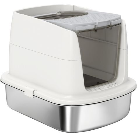 Toilette per gatti in acciaio inox chiusa con pala e sacchetto anti odore (1/4)