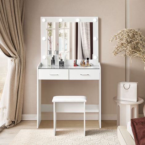 Dressing Table with Hollywood 3-Color LED Lights Mirror and Galss Top, Vanity Makeup Desk with 2 Drawers and Stool Women Girl Dresser Bedroom Furniture (White- glass top) (1/5)