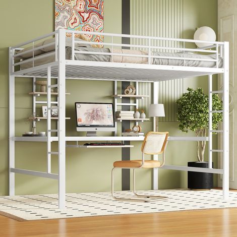 Cama alta 140x200 con escritorio y 2 estanterías, estructura metálica , cama litera infantil para niños, adolescentes y adultos (1/5)