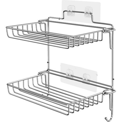 Estantería de pared plegable de dos niveles, de acero inoxidable, ideal para cocina y baño, con gran capacidad de carga (28 cm x 24 cm) y adhesivo invisible. (1/5)