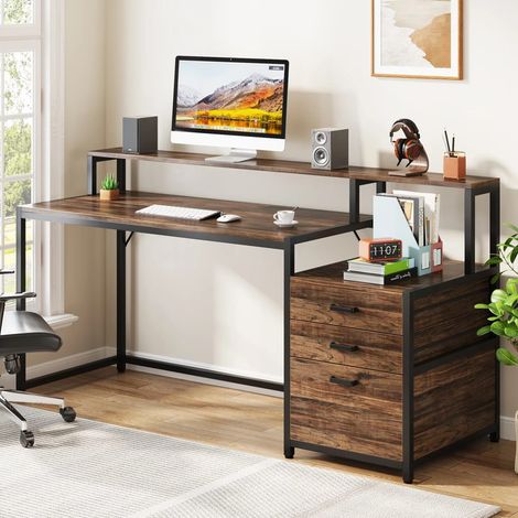 Bureau d'ordinateur en forme de droit 160 cm avec 3 tiroirs, bureau à domicile avec étagères, Plateau en bois brun (1/5)