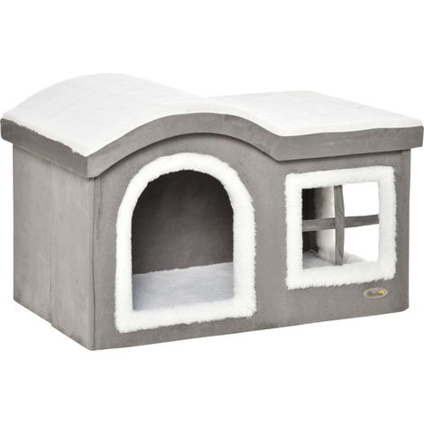 Casetta per Gatti da Interno con 2 Entrate e Finestra, Cuscino e Base Antiscivolo, 63.5x37x40cm, Grigio