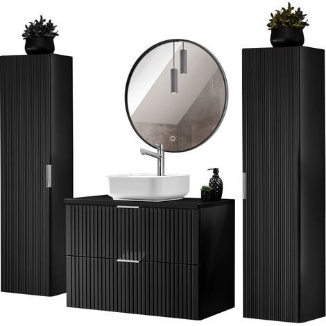 Badezimmer komplett Set, mit 2 Hochschränken, Keramik Waschbecken und LED Spiegel, schwarz matt gerillt, ADELAIDE-56-BLACK, B/H/T ca. 180/200/46,5 cm (1/5)