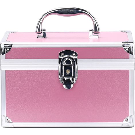 Boîte de rangement cosmétique portable avec serrure, idéale pour ranger bijoux et accessoires de maquillage.