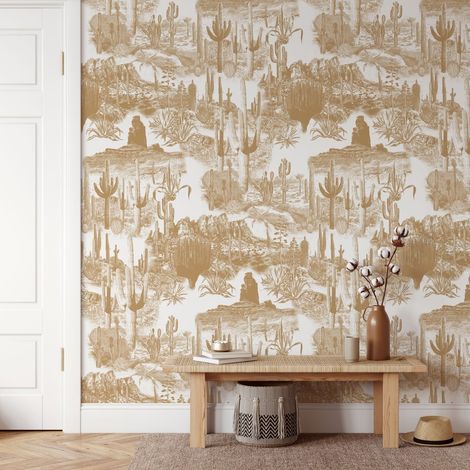 Papel pintado adhesivo floral beige para sala de estar Cactus nel Deserto