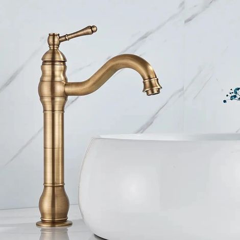 Robinet de lavabo (laiton antique haut), mitigeur blanc à poser sur comptoir en laiton, court/long (1/2)