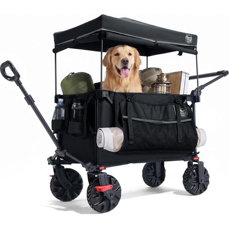 Chariot Pliable Plage 180kg avec Toit, Poussable et Tirable Chariot de plage 300L tout-terrain grandes roues avec freins,poignée réglable, toit anti-soleil et poche pratique camping pla (1/5)