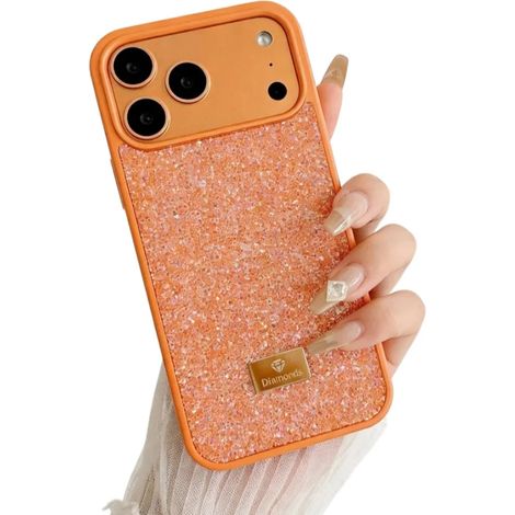 (Orange, iPhone 17 Pro Max) Coque de téléphone luxueuse à couverture intégrale, ornée de zircons et de diamants, aux reflets irisés. (1/3)
