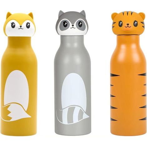 Lot de 3 Gourdes Isothermes Inox 40 cl Motif Animaux - Étanches - Chaud 6h Froid 18h - Livraison gratuite