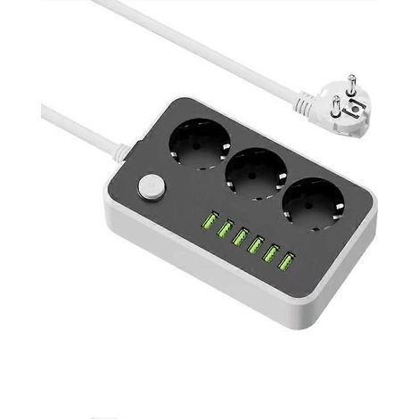 Multiprise plate avec interrupteur, 3 prises et 6 ports USB Multiprise avec protection contre les surtensions, fiche plate, convient pour la maison et le bureau, blanc bicolore. (1/4)