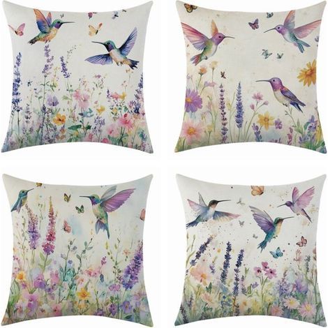 Decorative cushion cover 45x45 cm, floral and bird pattern, polyester-linen blend for living room.