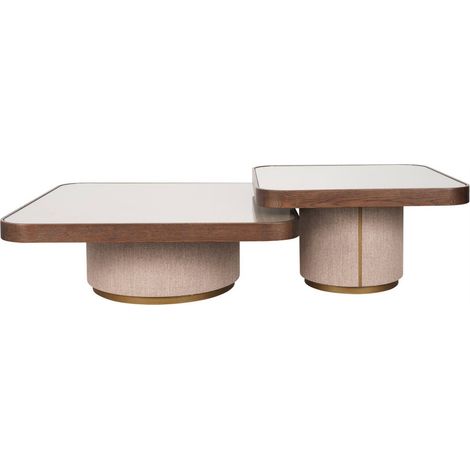Table basse gigogne beige avec plateau verre - beige et bois brun (1/5)