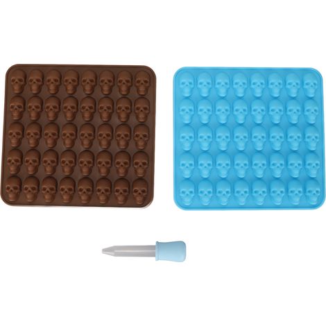 Moule à glaçons en silicone crâne 2 pièces bleu marron pour glaçons Halloween, décoration dessert chocolat.