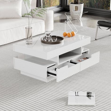 Table basse en finition haute brillance avec led, 4 tiroirs avant et arrière et grand rangement (1/5)