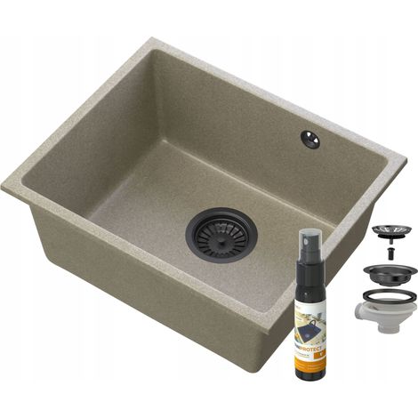 Évier de cuisine en granit Manado 46 × 37.5 cm sous plan beige avec distributeur et siphon (1/5)